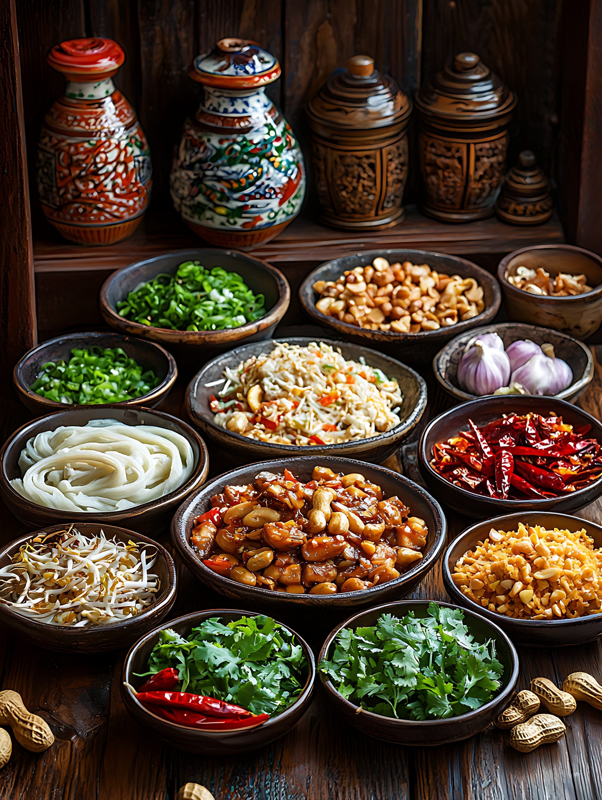 A visually appealing arrangement of fresh ingredients ready for an Asian culinary masterpiece. This shot captures the essence of authentic cooking with vibrant colors and textures.