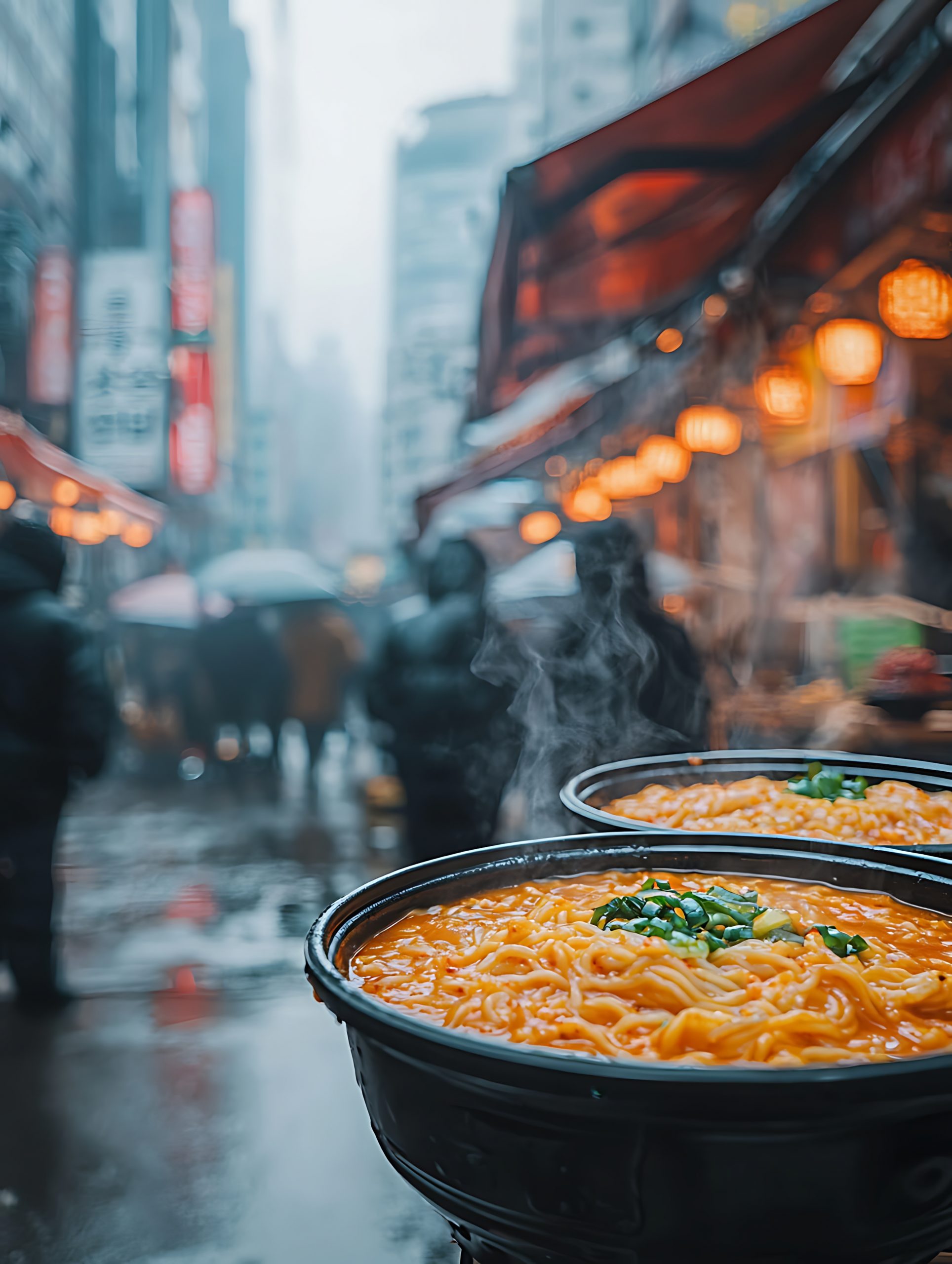 Hot, steaming noodle bowls are offered from a street food stall on a rainy, bustling city street. The image captures the comfort and warmth of a delicious meal amidst an urban atmosphere.